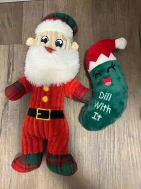 Plush Santa Dog Toy with Holiday Pickle Plush - Red, Green, White